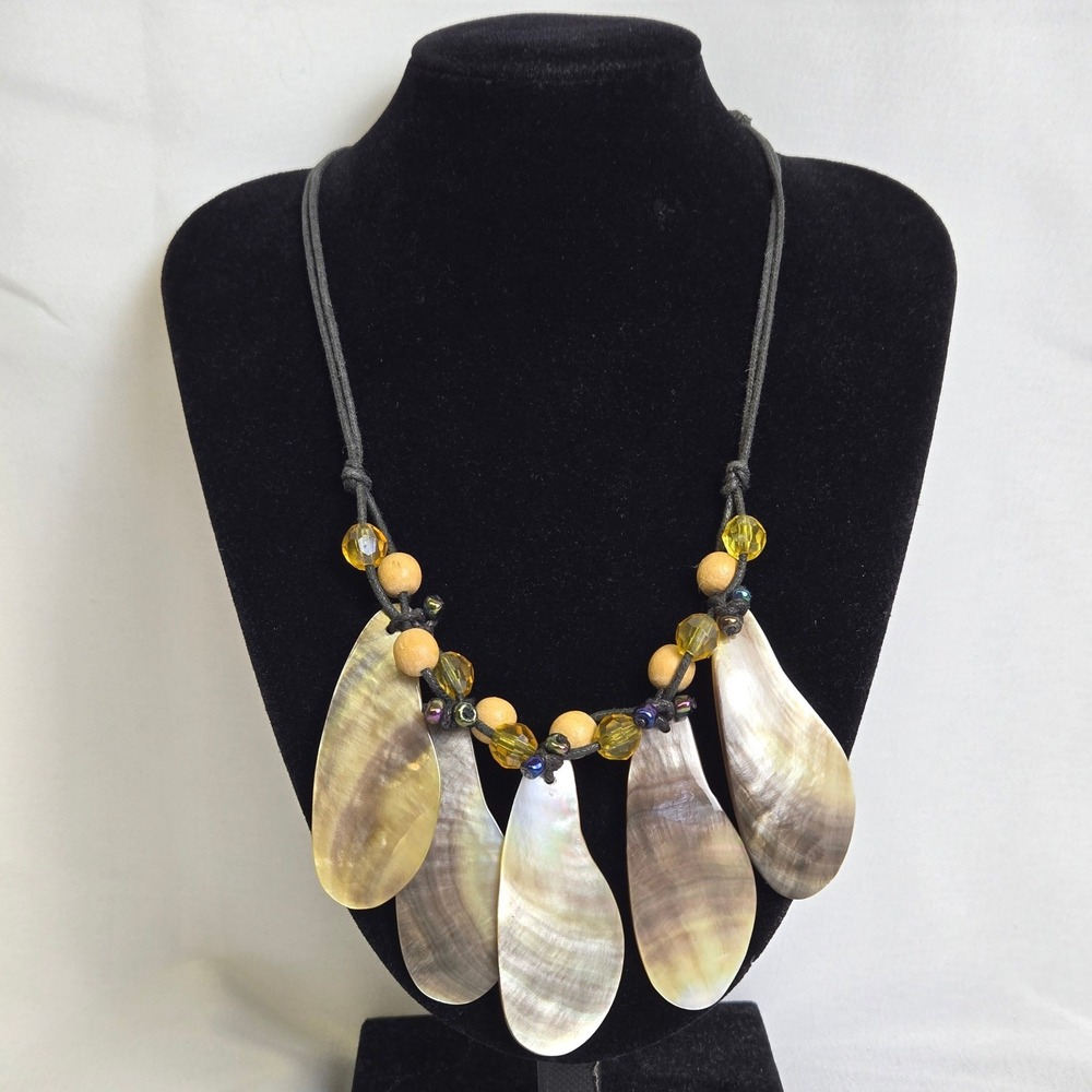 Bohemian‎ Beachy Bib Necklace, Iridescent Pendants Beaded Cord - Picture 2 of 9